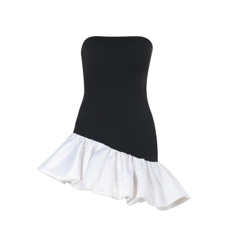 Damen schulterfreies Wickelkleid mit asymmetrischem Saum und farblich kontrastierender Rüsche Drune