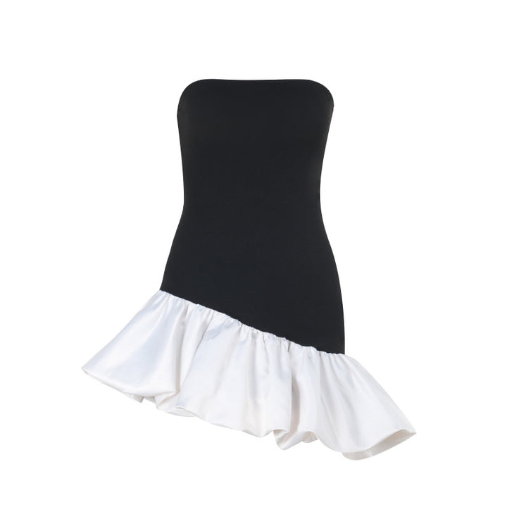 Damen schulterfreies Wickelkleid mit asymmetrischem Saum und farblich kontrastierender Rüsche Drune