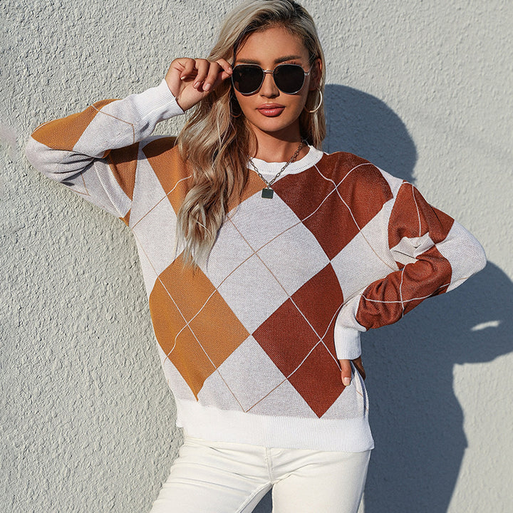 Damen Leichter Argyle-Feinstrickpullover mit Rundhalsausschnitt und lockerer Passform Drune