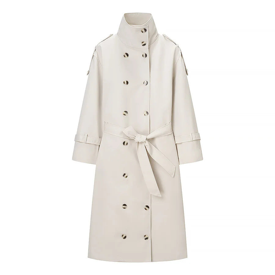 Damen nan längerer zweireihiger Trenchcoat mit hohem Stehkragen und Bindegürtel Drune