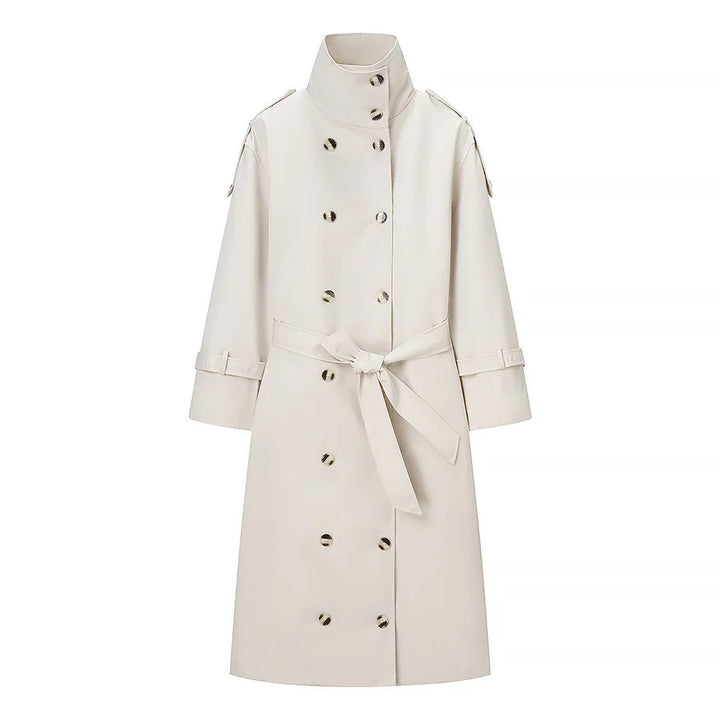 Damen nan längerer zweireihiger Trenchcoat mit hohem Stehkragen und Bindegürtel Drune