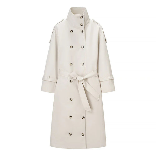 Damen nan längerer zweireihiger Trenchcoat mit hohem Stehkragen und Bindegürtel Drune