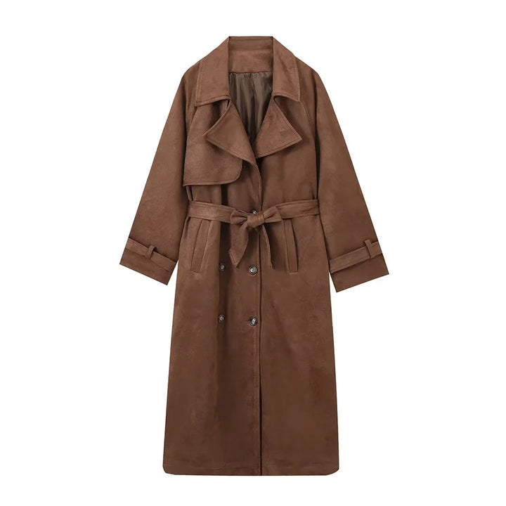 Damen elegante Kunstleder-Trenchcoat mit taillierbarem Gürtel Drune