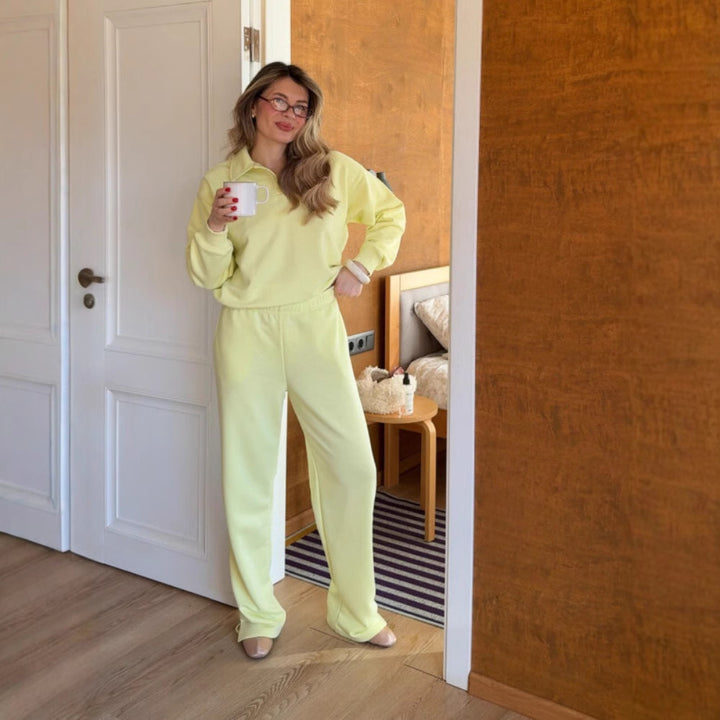 Damen Loungewear-Anzug aus weichem Fleece mit Polo-Kragen und geraden Hosen Drune