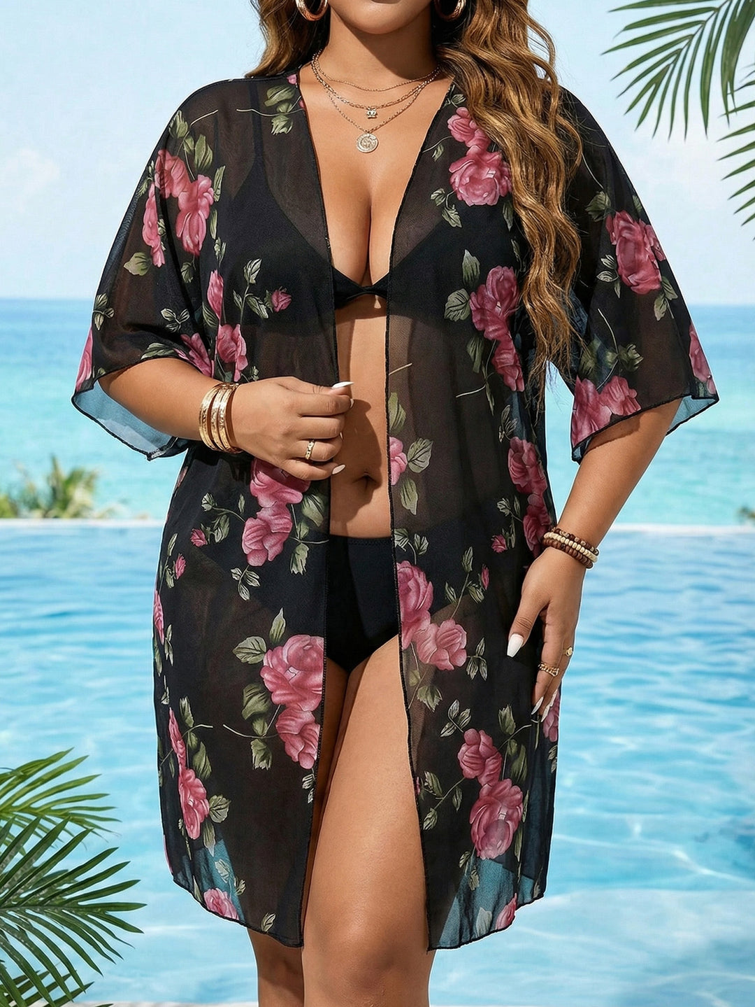Damen transparenter Strandüberwurf mit floralen Mustern Drune