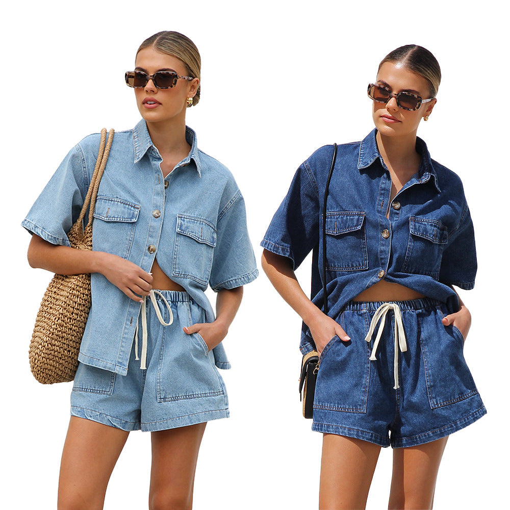 Damen lässige Kurzarm-Jeansbluse mit passender Shorts Drune