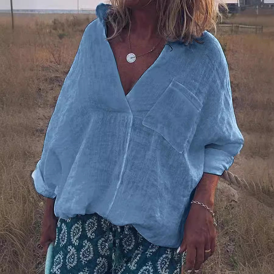 Damen Oversized Leinen-Look Bluse mit tiefem V-Ausschnitt, aufgesetzter Brusttasche und hochgerollten Dreiviertelärmel Drune