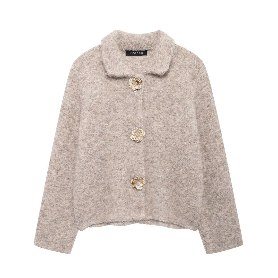 Damen elegante Wolljacke mit dekorativen Blütenknöpfen Drune