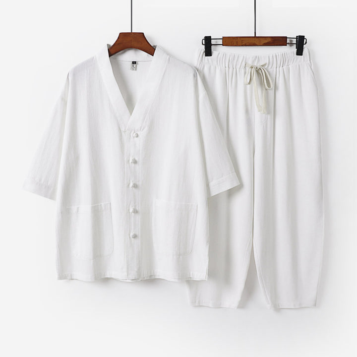 Unisex Leichtes Kimono-Lounge-Set aus Baumwoll-Leinen mit Kurzarmjacke und Kordelbund-Hose Drune