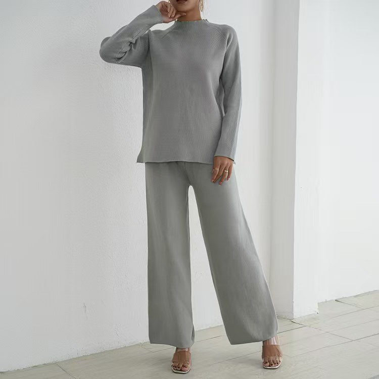 Damen elegantes und lässiges Strick-Loungewear-Set mit hohem Kragen und weiten Beinen Drune