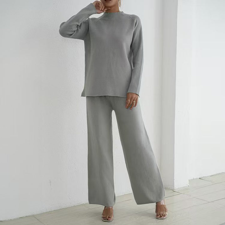 Damen elegantes und lässiges Strick-Loungewear-Set mit hohem Kragen und weiten Beinen Drune