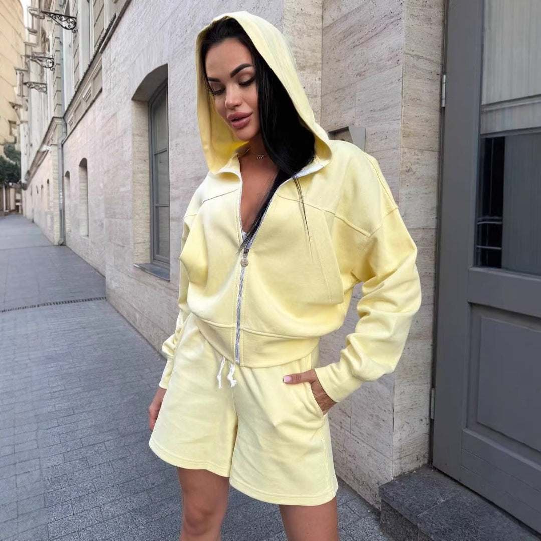 Damen Freizeit-Jogginganzug mit Zip-Hoodie und lockeren Shorts Drune