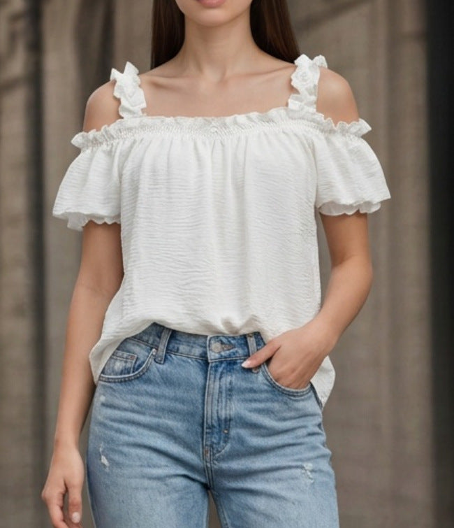 Damen Schulterfreies Crinkle-Top mit Smok-Bandeau, Rüschen‑Trägern und Flügelärmeln Drune