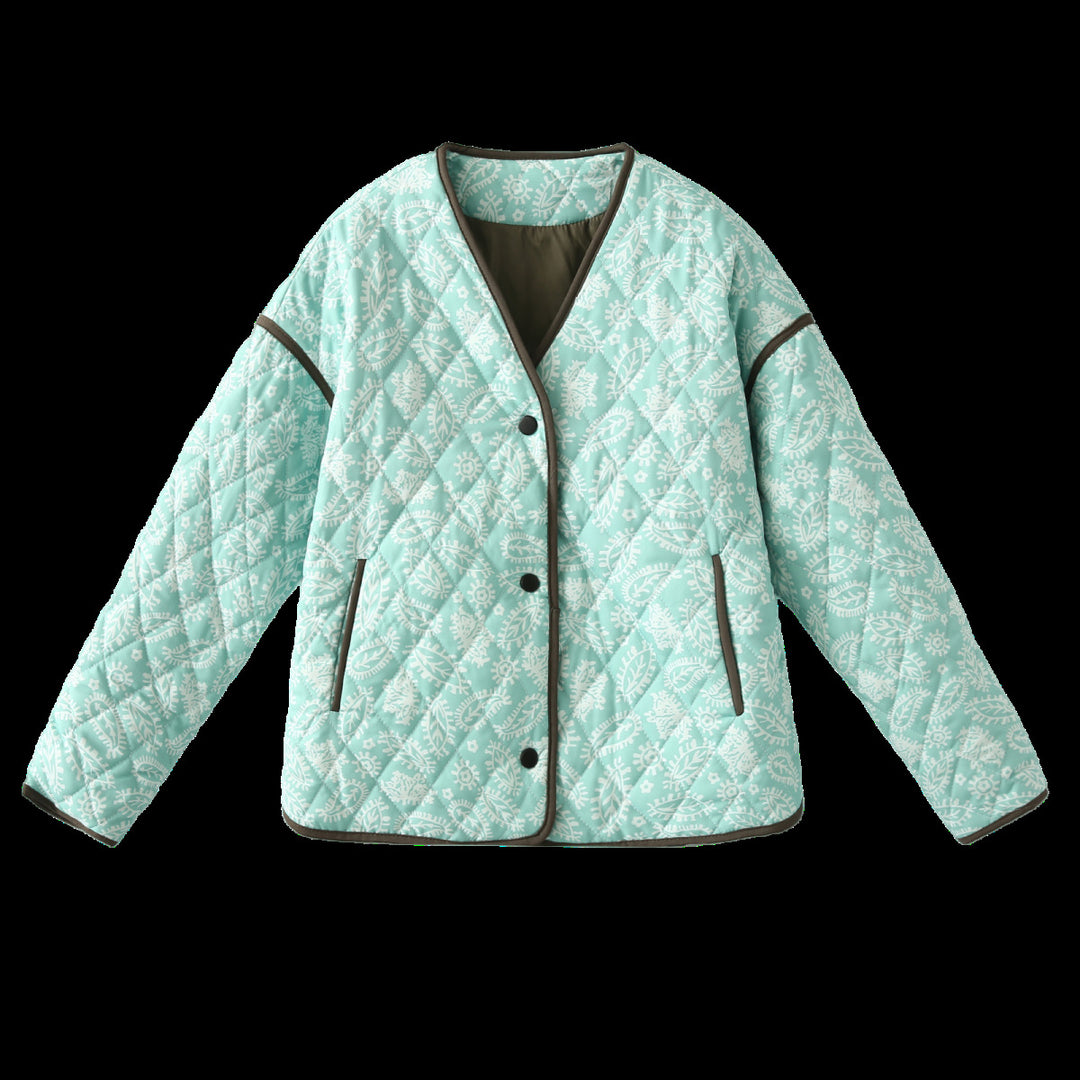 Damen Steppjacke mit Paisley‑Muster, V‑Ausschnitt und kontrastierender Paspelierung Drune