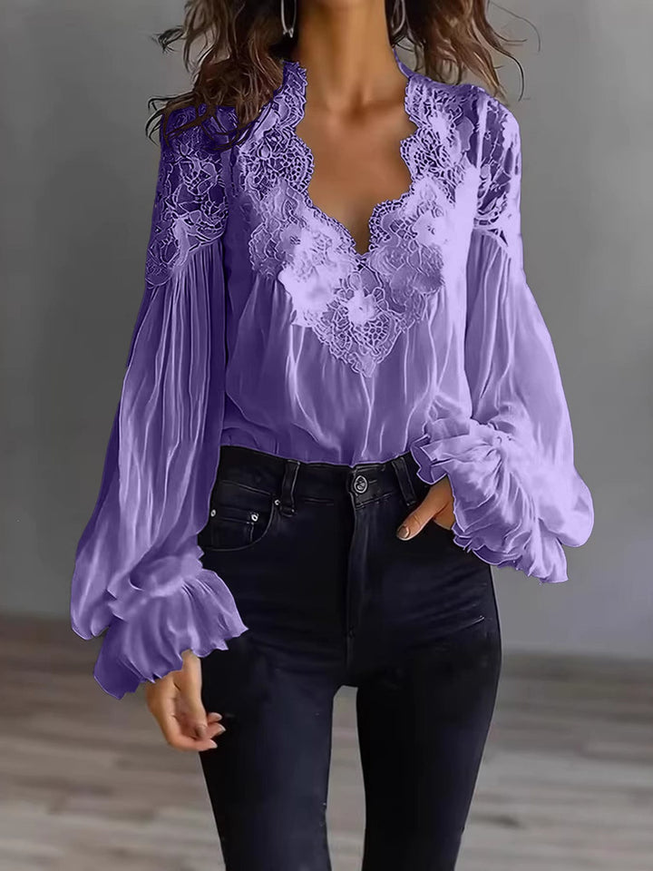 Damen Chiffon-Bluse mit Spitzen-V-Ausschnitt und weiten Plissee-Ärmeln Drune