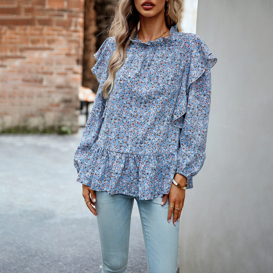Damen nan geblümte Chiffon-Bluse mit gerafftem Stehkragen, Volant-Schultern und tailliertem Stufen-Saum Drune