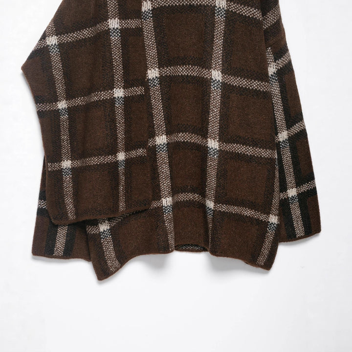 Damen Oversize Cape-Cardigan mit Kapuze, aufgesetzten Taschen und Karomuster Drune