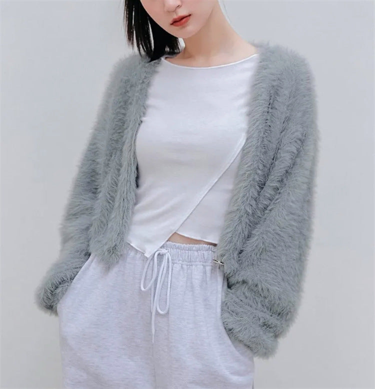 Damen Kurze flauschige Kunstfell-Cardigan mit offenem Schnitt und Raglanärmeln Drune