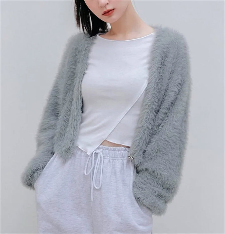 Damen Kurze flauschige Kunstfell-Cardigan mit offenem Schnitt und Raglanärmeln Drune