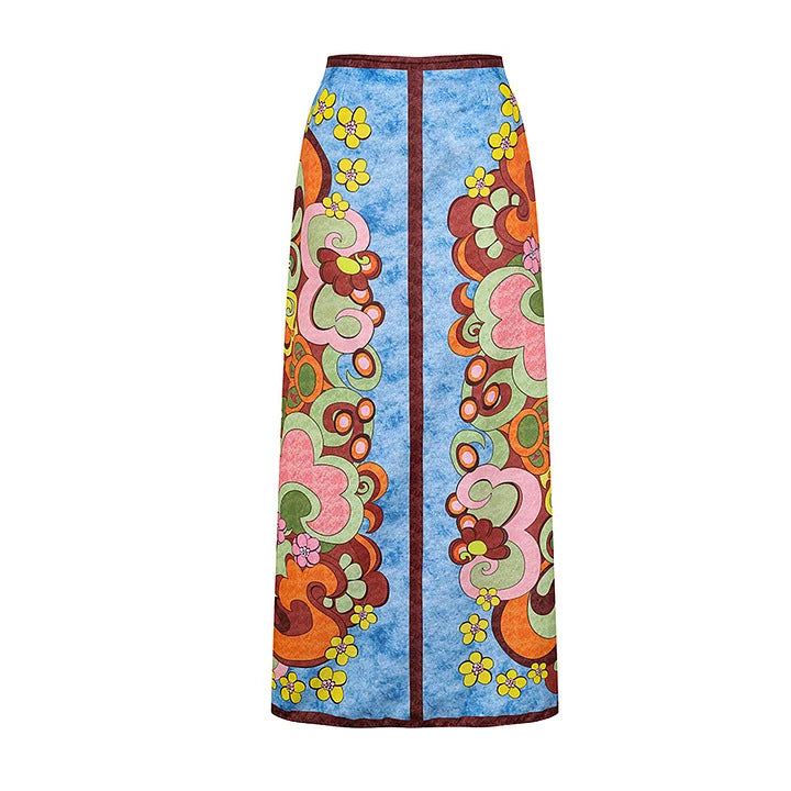 Damen Vintage Badeanzug mit buntem Muster und Schmuckgürtel Drune
