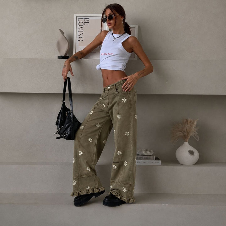 Damen weite Denimhose mit Gänseblümchen-Print, hohem Bund und Rüschenabschluss Drune