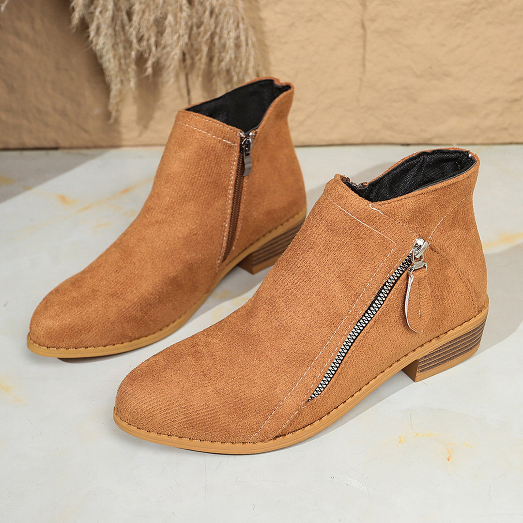 Damen Moderne Kurzschaft-Stiefelette mit sichtbarem Metallreißverschluss und niedriger Holzoptik-Blocksohle Drune