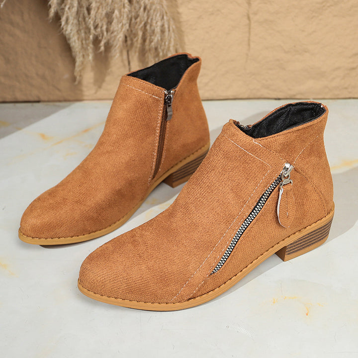 Damen Moderne Kurzschaft-Stiefelette mit sichtbarem Metallreißverschluss und niedriger Holzoptik-Blocksohle Drune