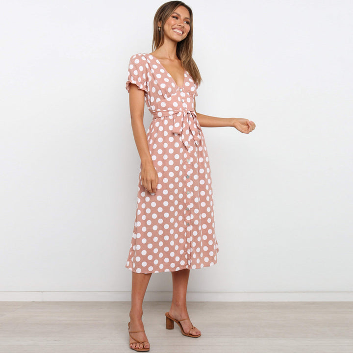 Damen Polka Dot A-Linie Midi Kleid mit Bindegürtel Drune
