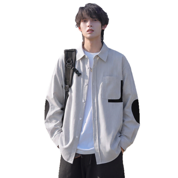 Herren Oversize-Hemd mit feinem Nadelstreifen, Kontrasttasche und Ellbogen-Patches Drune