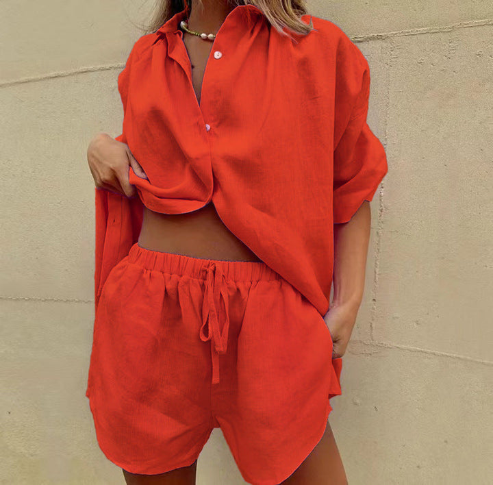Damen lässiges Leinen-Set mit oversized Hemd und kurzen Hosen Drune