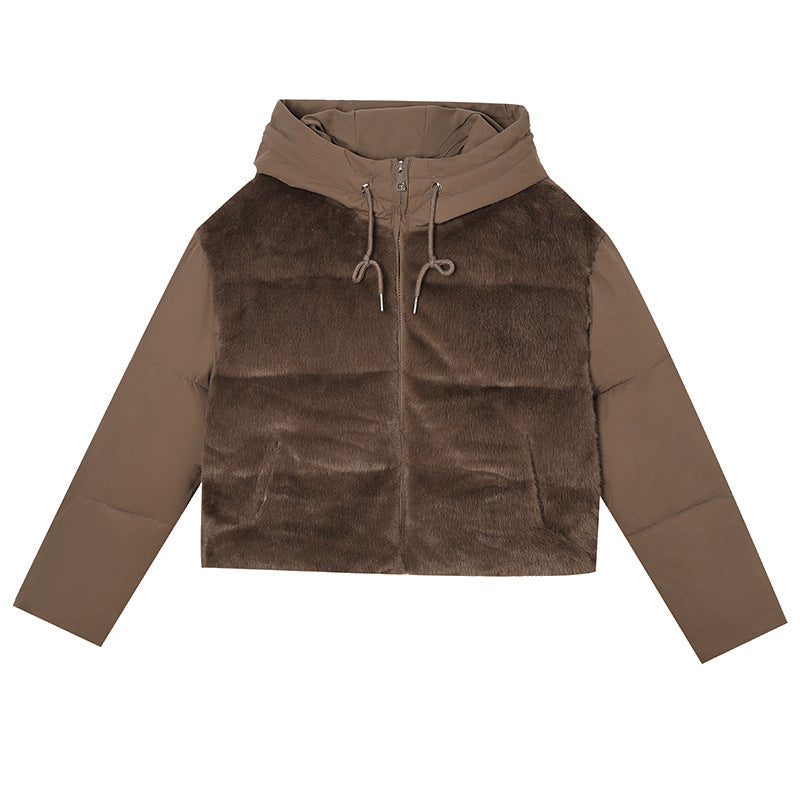 Damen Kurze Hybrid-Winterjacke mit samtiger Kunstfellfront und Kapuzenkragen Drune