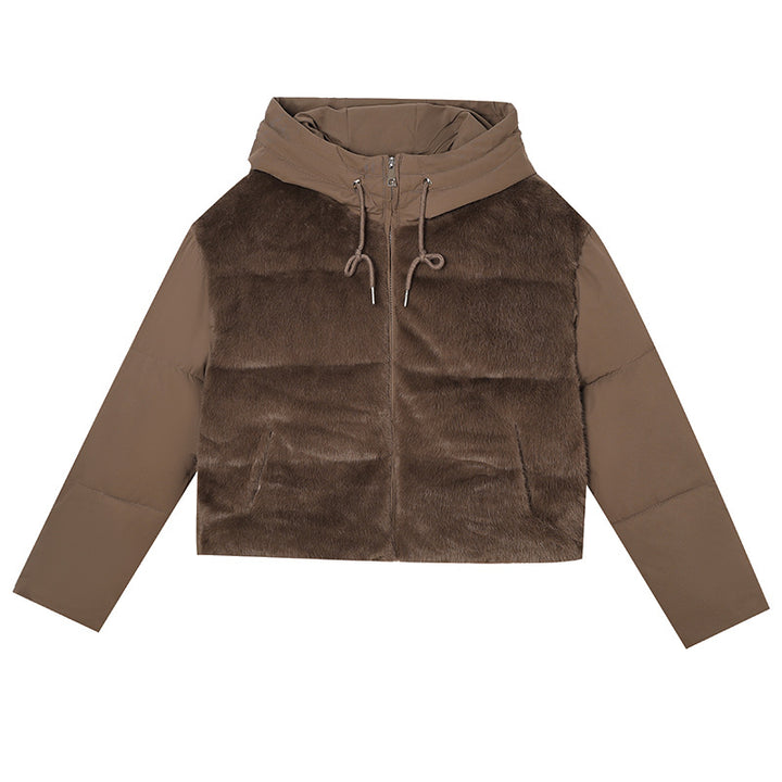 Damen Kurze Hybrid-Winterjacke mit samtiger Kunstfellfront und Kapuzenkragen Drune