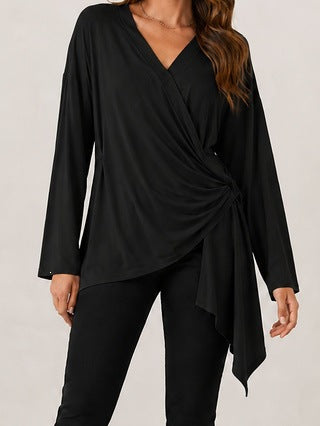 Damen Wickelshirt mit seitlicher Knotenpartie, V‑Ausschnitt und asymmetrischem Saum Drune