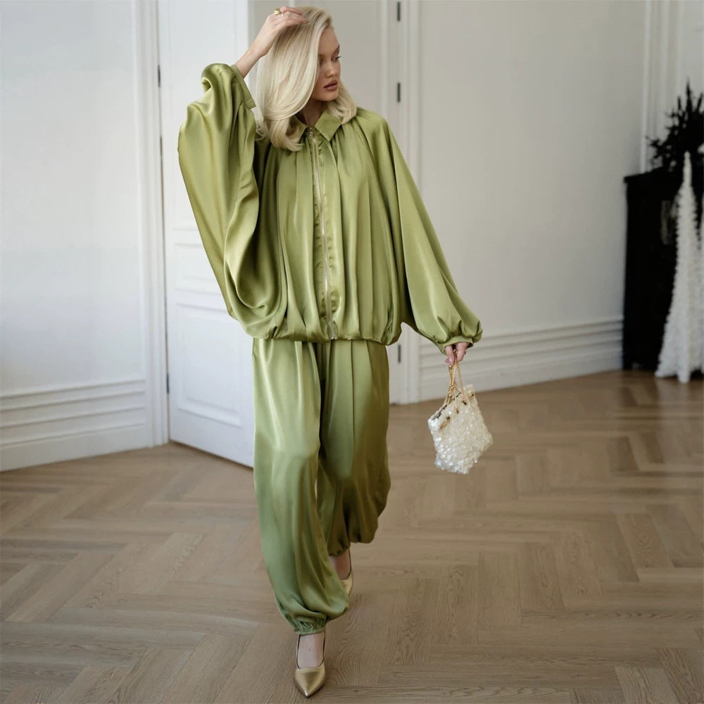 Damen Elegantes Satin-Zweiteiler-Set mit Oversize-Blouson und weiter Palazzo-Hose Drune