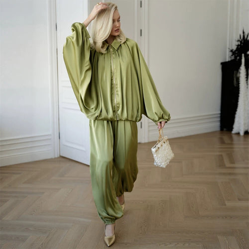 Damen Elegantes Satin-Zweiteiler-Set mit Oversize-Blouson und weiter Palazzo-Hose Drune