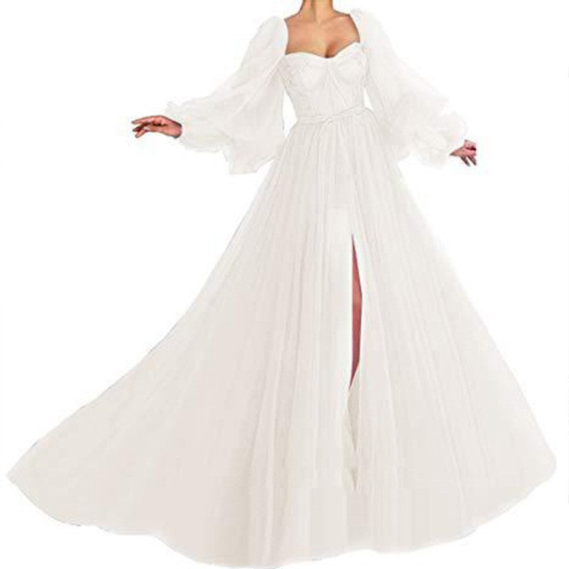 Damen Tüll Abendkleid mit voluminösen Ärmeln und seitlichem Schlitz Drune