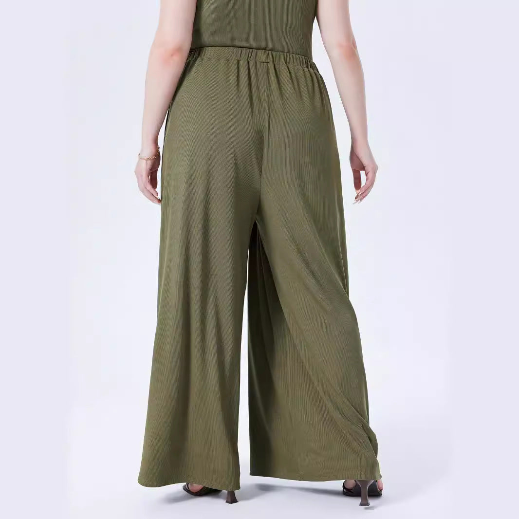 Damen Weite Feinstrick-Palazzohose mit hohem Elastikbund und Faltenfall Drune