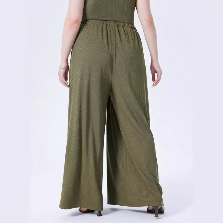 Damen Weite Feinstrick-Palazzohose mit hohem Elastikbund und Faltenfall Drune
