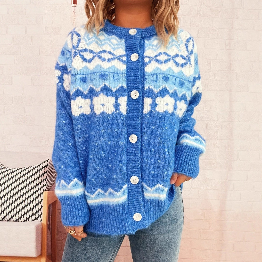Damen gemütliche Strickjacke mit blauen Mustern und Knopfverschluss Drune