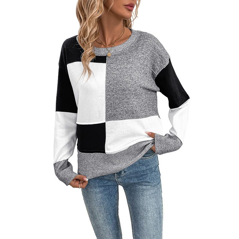 Damen Blockmuster-Strickpullover mit Rundhalsausschnitt und legerer Passform Drune