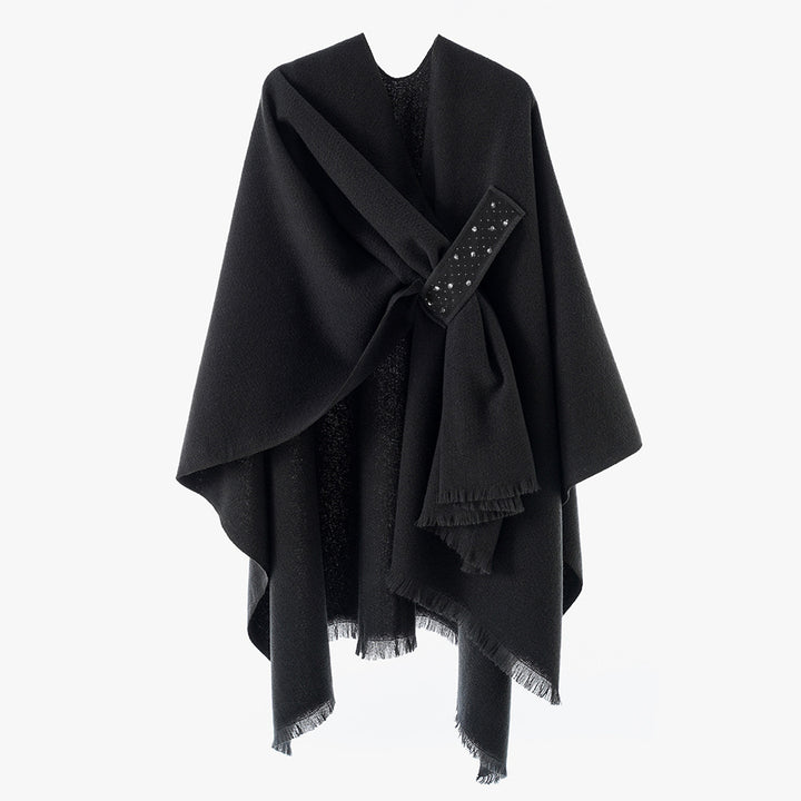 Damen Eleganter Wickel-Umhang aus Wollmischung mit Taillenschärpe und Fransensaum Drune