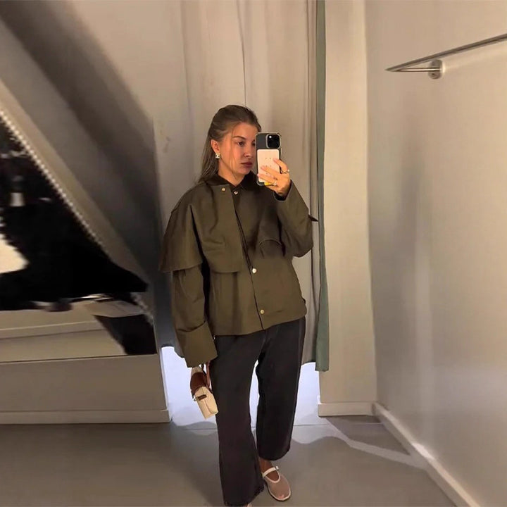 Damen Kurztrenchjacke mit Cape-Overlay und Oversize-Ärmeln Drune