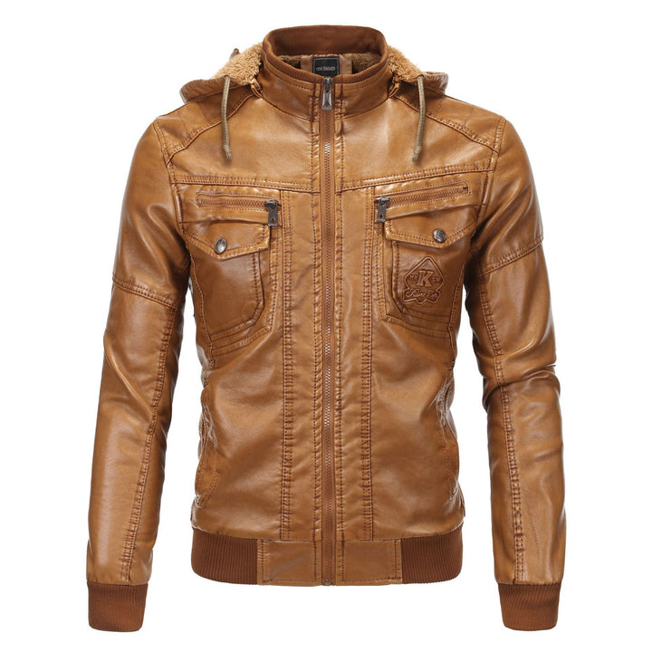 Herren Vintage-inspirierte Kunstleder-Bomberjacke mit Teddyfutter, Stehkragen und Brusttaschen Drune