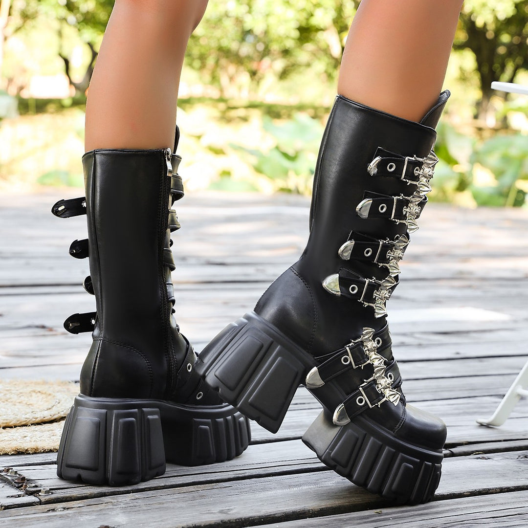 Damen Plateau-Bikerboots mit dekorativen Riemen, Ösen und Ketten Drune