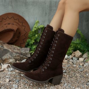 Damen Elegante Schnürstiefel aus Veloursoptik mit mittelhohem Schaft und komfortablem Blockabsatz Drune
