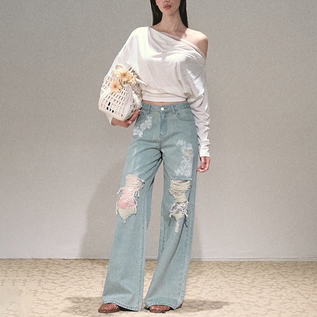 Damen Weit geschnittene Jeans mit individuellen Destroyed-Details und floralem Print Drune
