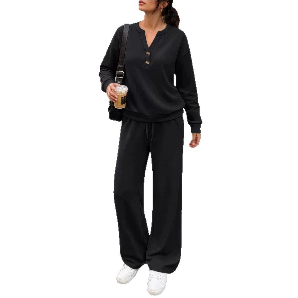 Damen Lounge-Set mit Henley-Kragen und palazzoweiter Jogginghose Drune