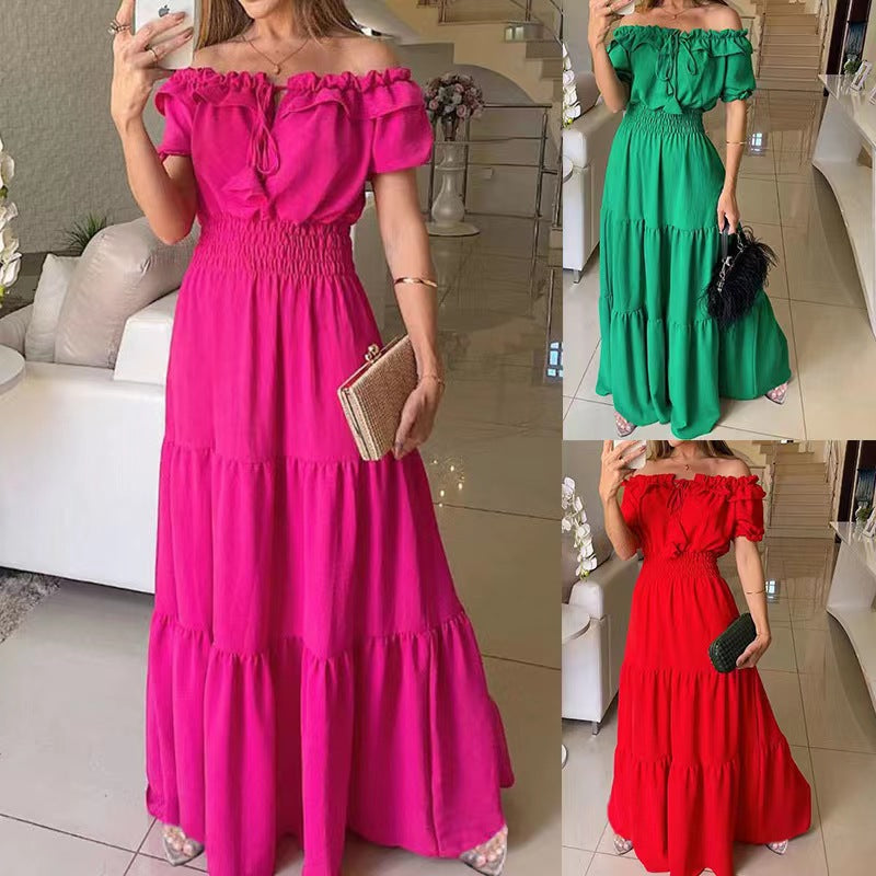 Damen Maxikleid mit schulterfreiem Design und voluminösen Rüschen Drune