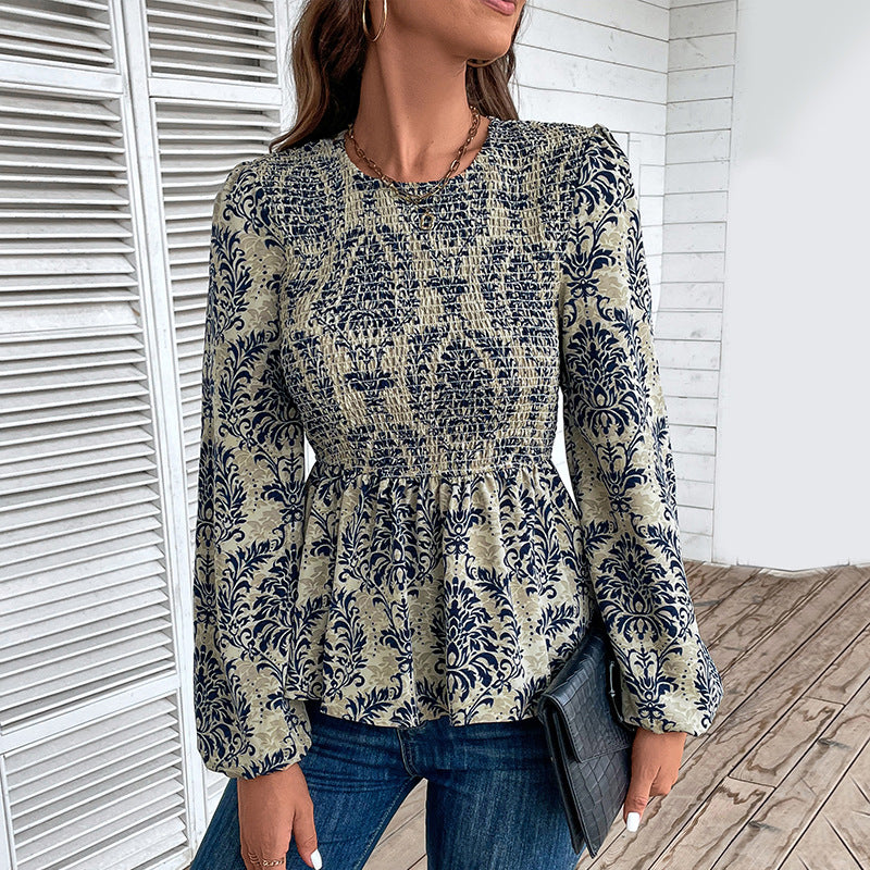 Damen Gerafftes Smock-Blusenshirt mit Peplum und voluminösen Puffärmeln Drune