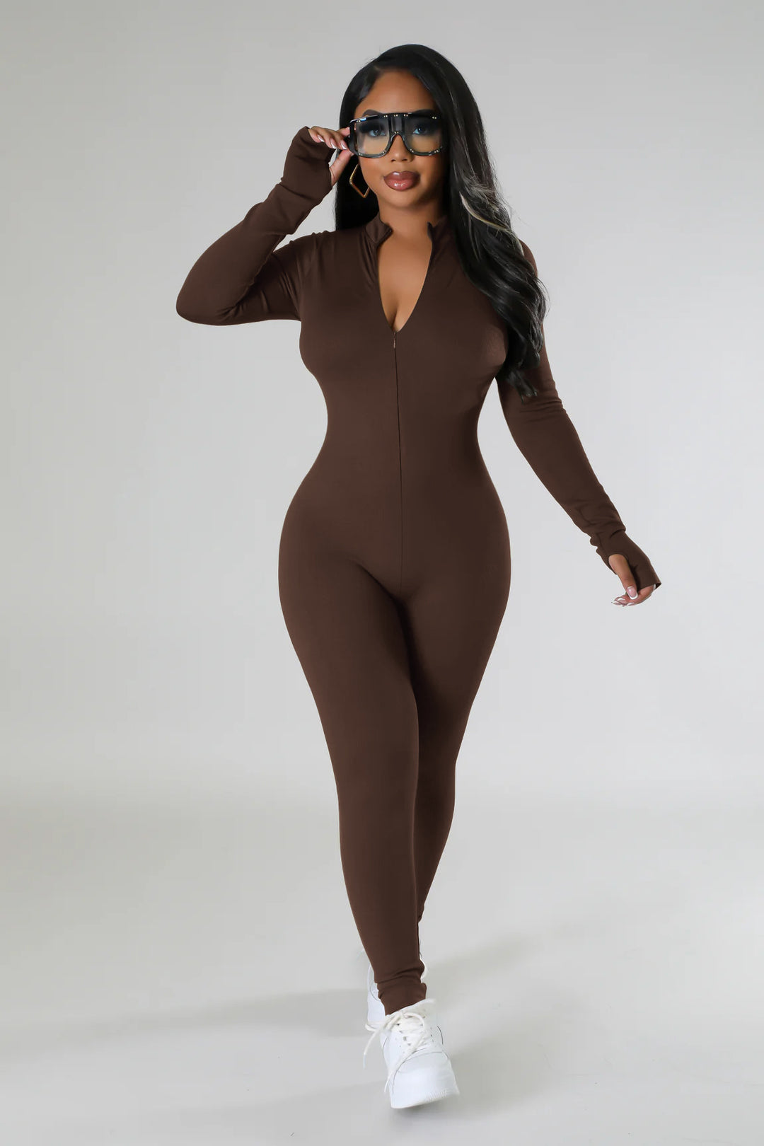 Damen figurbetontes Langarm-Jumpsuit mit durchgehendem Reißverschluss Drune